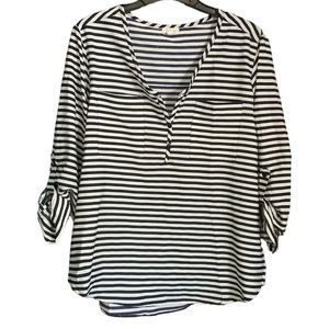 Antilia Femme Women Button Up Blouse Blue White Striped Roll Tab Sleeve